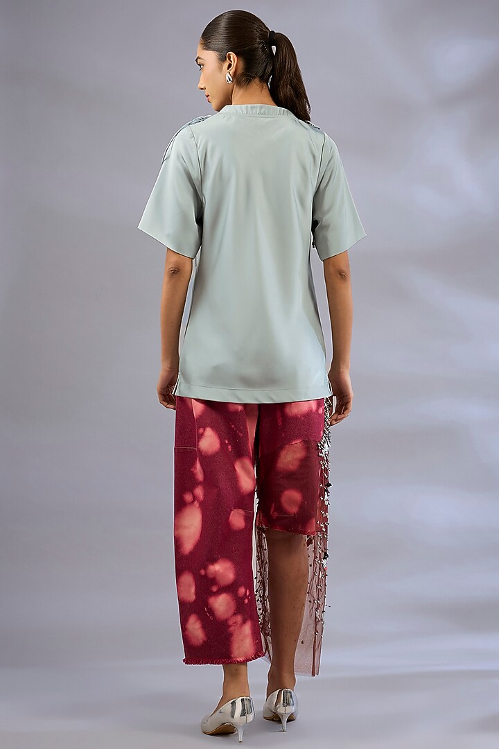 Olive Green Satin & Denim Embroidered Co-Ord Set by GRAINE at Pernia's Pop Up Shop