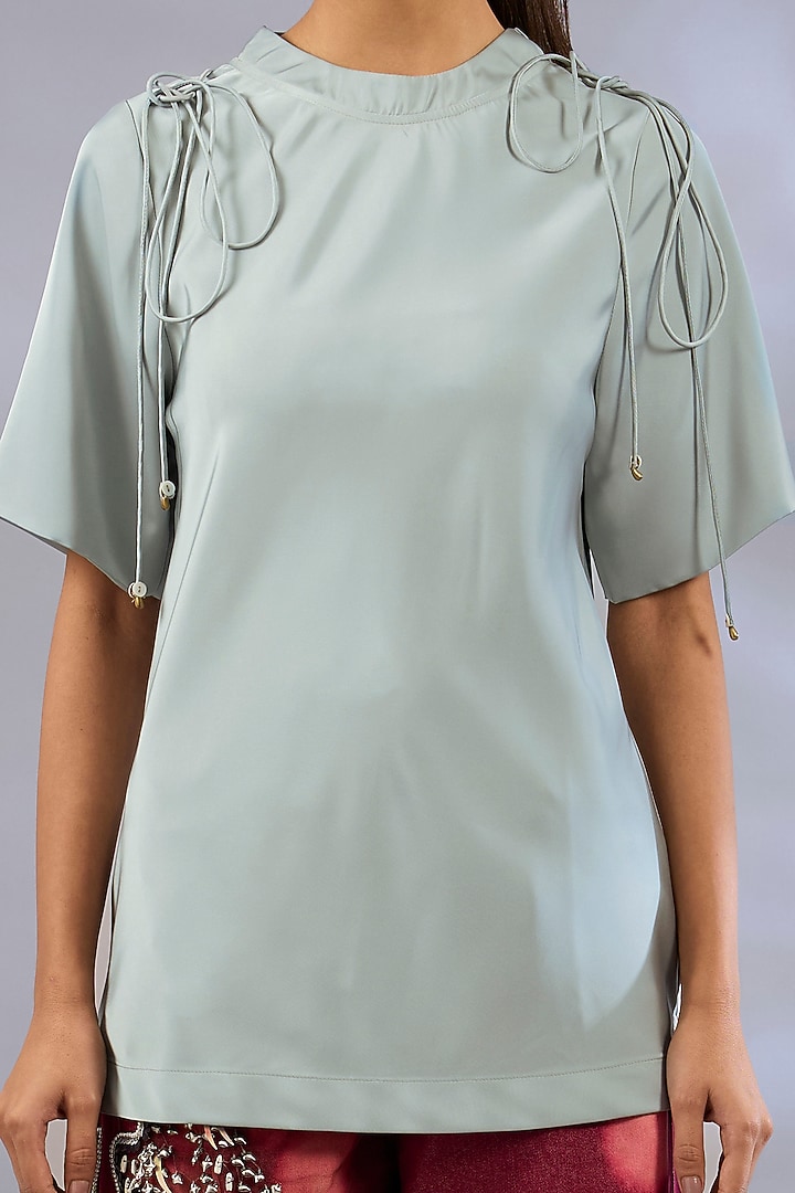 Olive Green Satin & Denim Embroidered Co-Ord Set by GRAINE at Pernia's Pop Up Shop