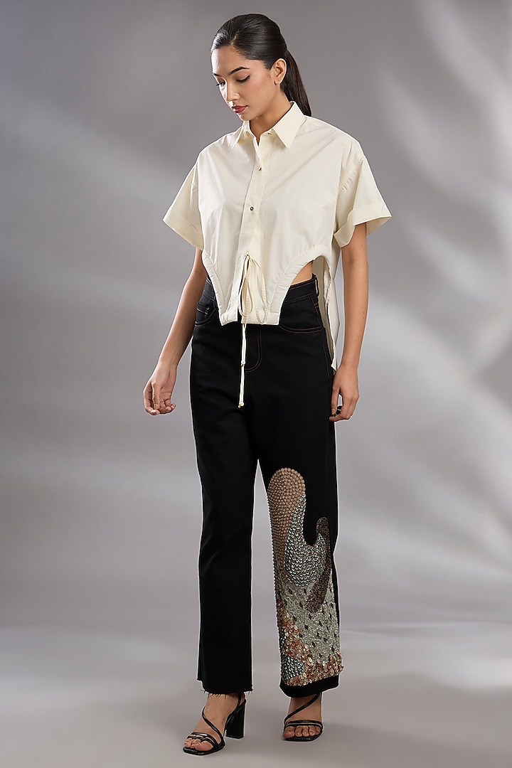 Rice White & Black Denim Sequin Embroidered Co-Ord Set by GRAINE at Pernia's Pop Up Shop