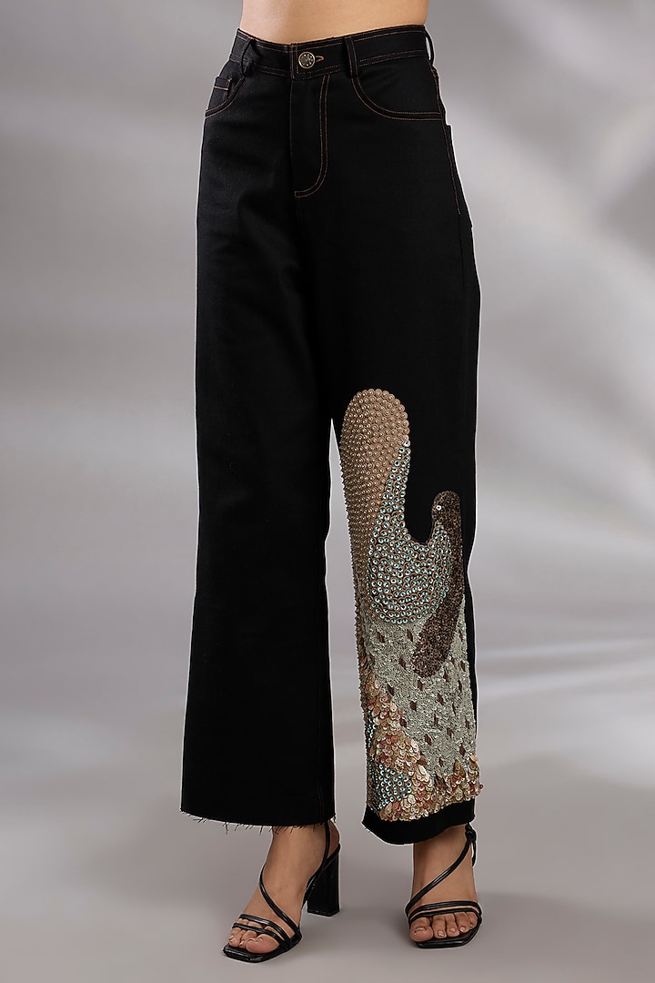 Rice White & Black Denim Sequin Embroidered Co-Ord Set by GRAINE at Pernia's Pop Up Shop
