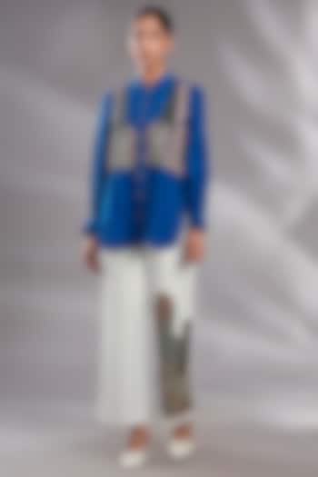 White Denim Sequin Embroidered High-Waisted Trousers by GRAINE at Pernia's Pop Up Shop