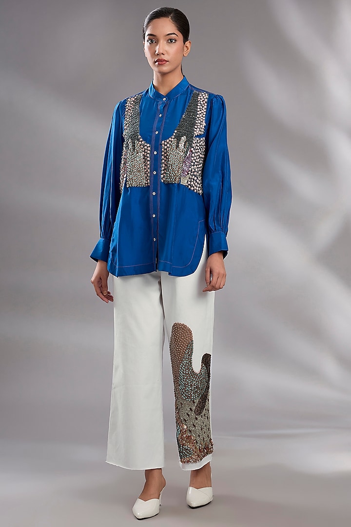 White Denim Sequin Embroidered High-Waisted Trousers by GRAINE at Pernia's Pop Up Shop