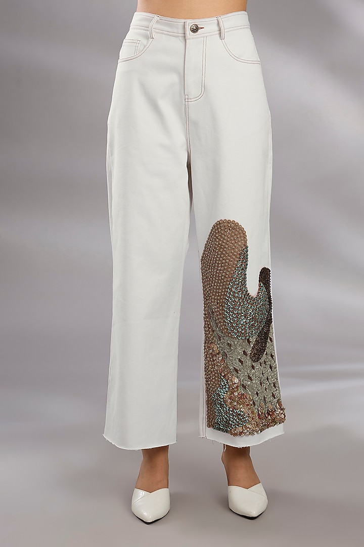 White Denim Sequin Embroidered High-Waisted Trousers by GRAINE at Pernia's Pop Up Shop