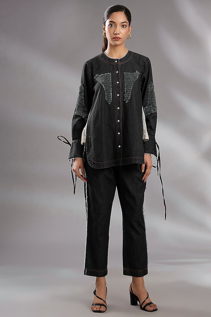 Black Denim Sequin Hand Embroidered Co-Ord Set by GRAINE at Pernia's Pop Up Shop