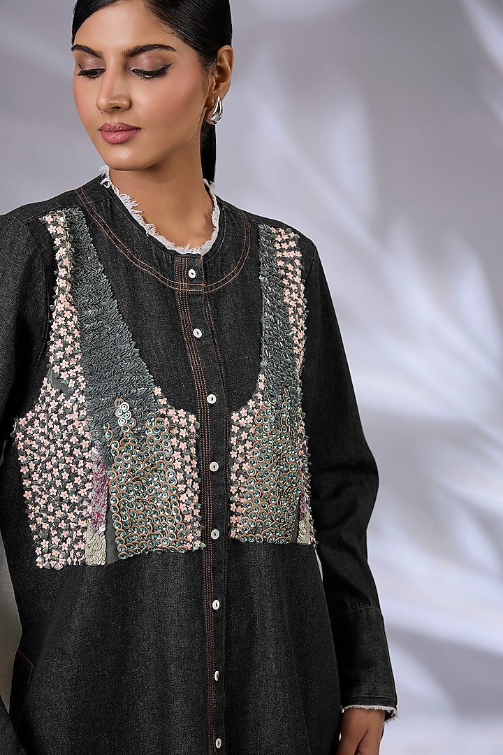 Black Linen Hand Embroidered Co-Ord Set by GRAINE at Pernia's Pop Up Shop
