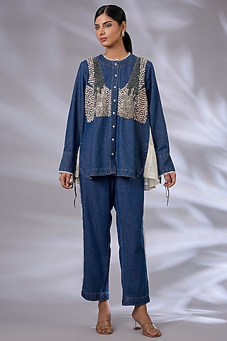 Blue Denim Sequins Hand Embroidered Co-Ord Set by GRAINE 
