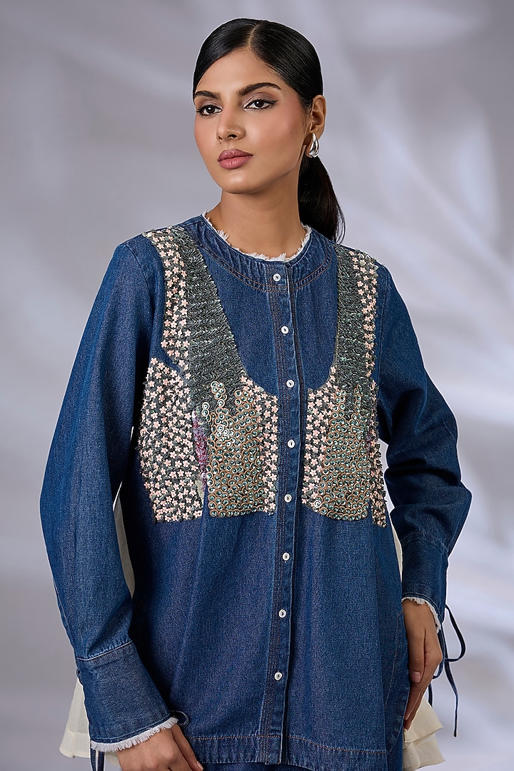 Blue Denim Sequins Hand Embroidered Co-Ord Set by GRAINE at Pernia's Pop Up Shop