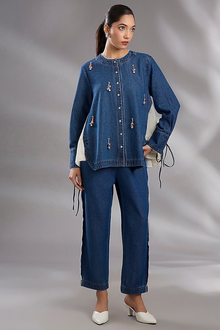 Blue Denim Tassel Embroidered Co-Ord Set by GRAINE at Pernia's Pop Up Shop