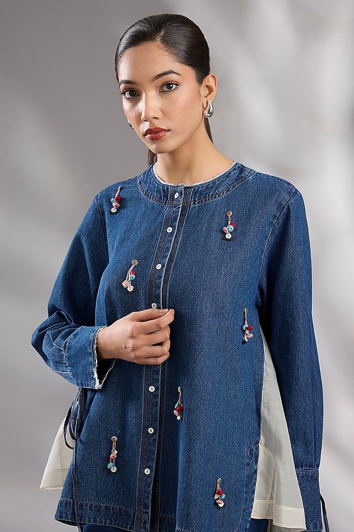 Blue Denim Tassel Embroidered Co-Ord Set by GRAINE at Pernia's Pop Up Shop