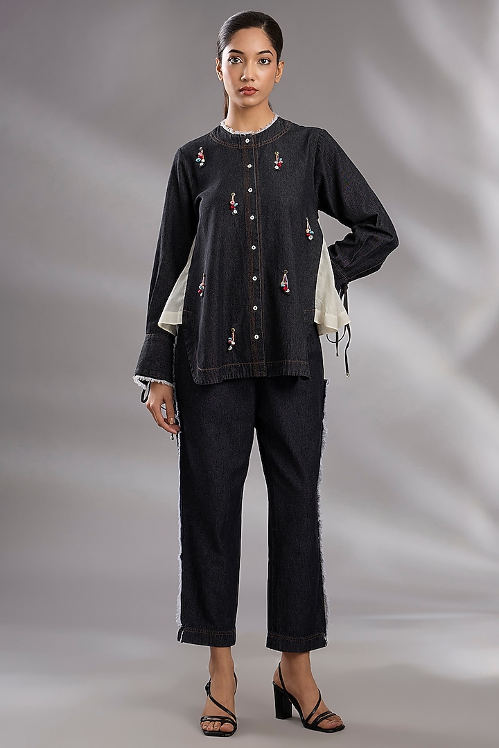 Black Denim Tassel Embroidered Co-Ord Set by GRAINE at Pernia's Pop Up Shop