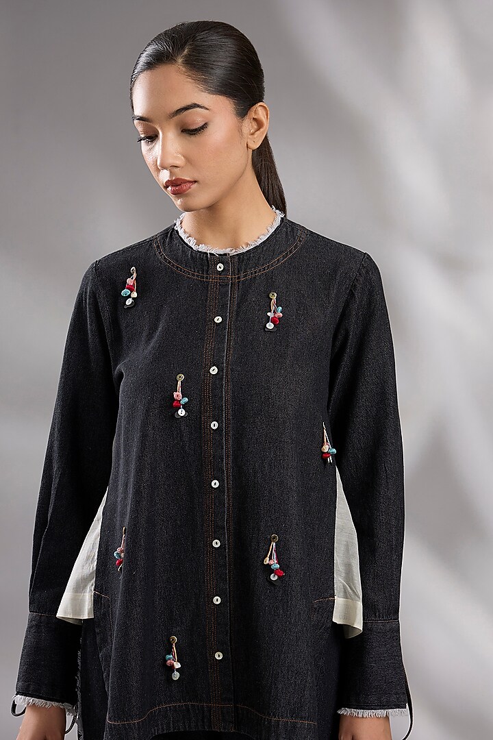 Black Denim Tassel Embroidered Co-Ord Set by GRAINE at Pernia's Pop Up Shop