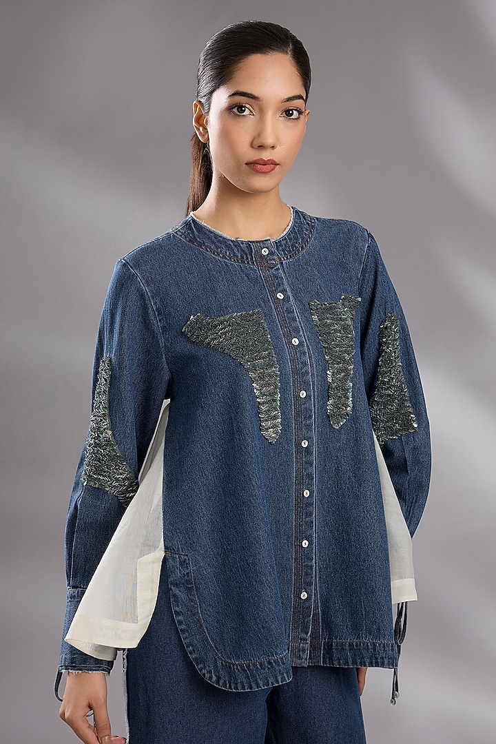 Blue Denim Sequin Hand Embroidered Co-Ord Set by GRAINE at Pernia's Pop Up Shop
