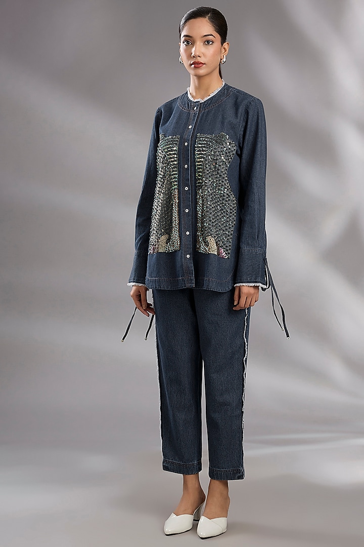 Blue Denim Sequin Hand Embroidered Co-Ord Set by GRAINE at Pernia's Pop Up Shop