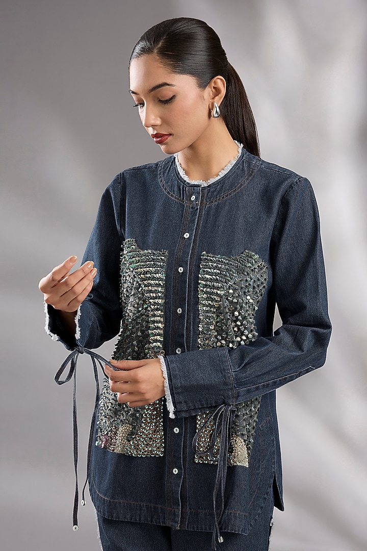 Blue Denim Sequin Hand Embroidered Co-Ord Set by GRAINE at Pernia's Pop Up Shop