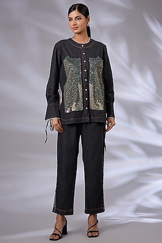 Black Denim Sequins Embroidered Co-Ord Set by GRAINE 