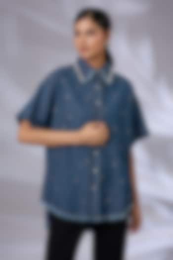 Blue Denim Anti-Fit Cube Shirt by GRAINE at Pernia's Pop Up Shop