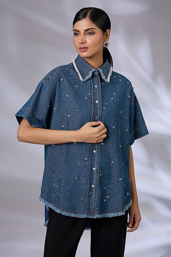 Blue Denim Anti-Fit Cube Shirt by GRAINE at Pernia's Pop Up Shop