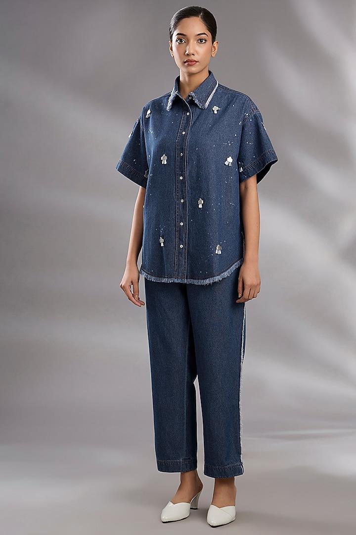 Blue Denim Metal Work Shirt by GRAINE at Pernia's Pop Up Shop