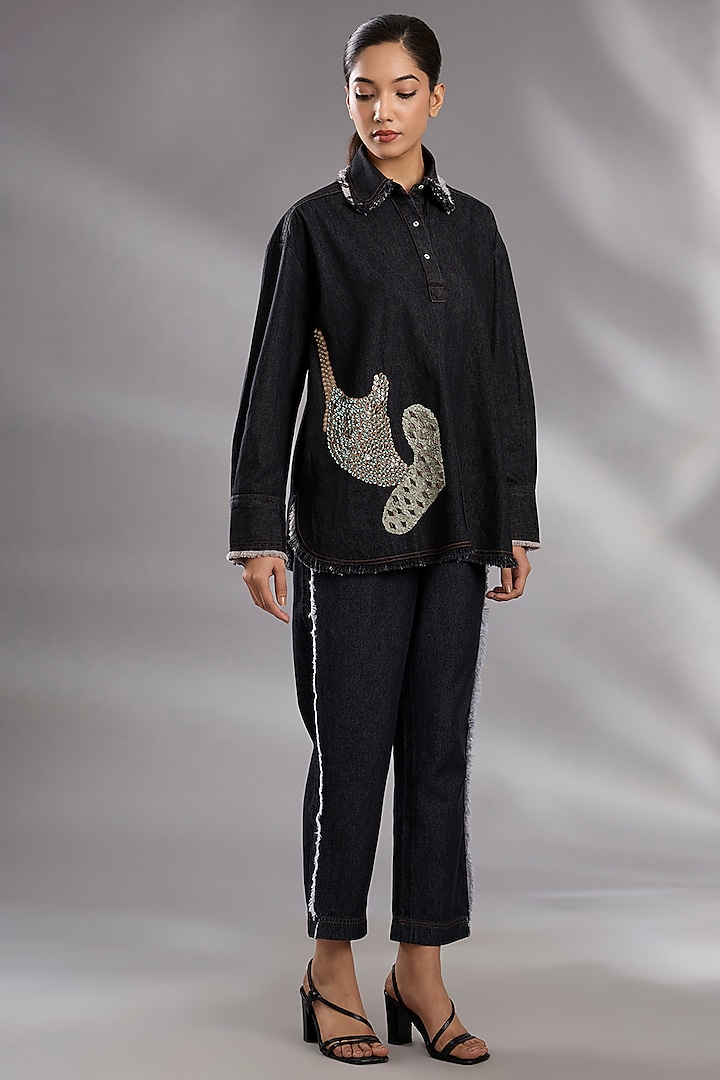 Black Denim Sequin Embellished Shirt by GRAINE at Pernia's Pop Up Shop