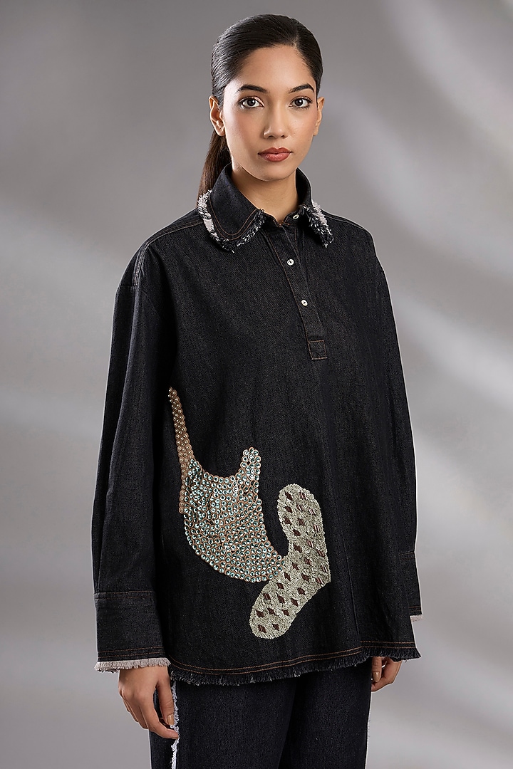 Black Denim Sequin Embellished Shirt by GRAINE at Pernia's Pop Up Shop