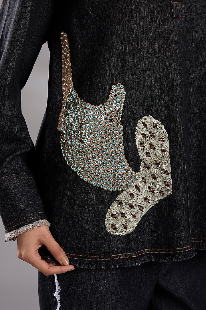 Black Denim Sequin Embellished Shirt by GRAINE at Pernia's Pop Up Shop