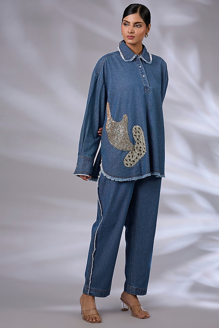 Blue Denim Embellished Co-Ord Set by GRAINE at Pernia's Pop Up Shop