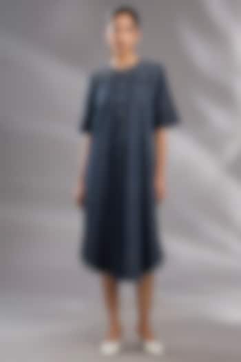 Blue Denim Sequin Embroidered Flared Midi Vacation Dress by GRAINE at Pernia's Pop Up Shop