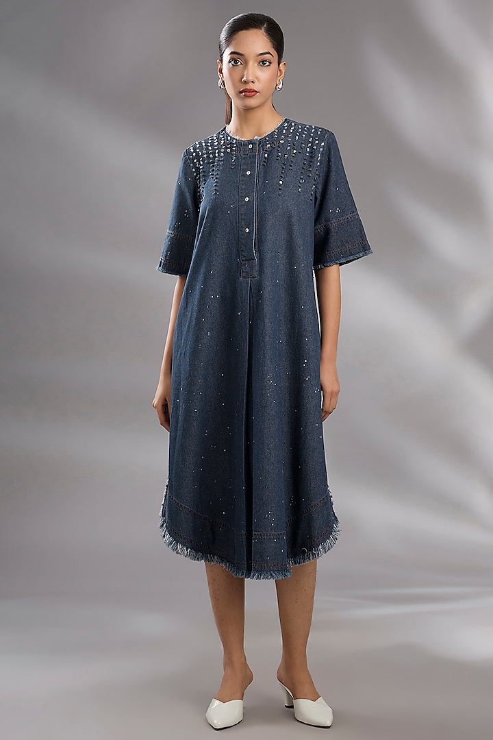 Blue Denim Sequin Embroidered Flared Midi Vacation Dress by GRAINE at Pernia's Pop Up Shop