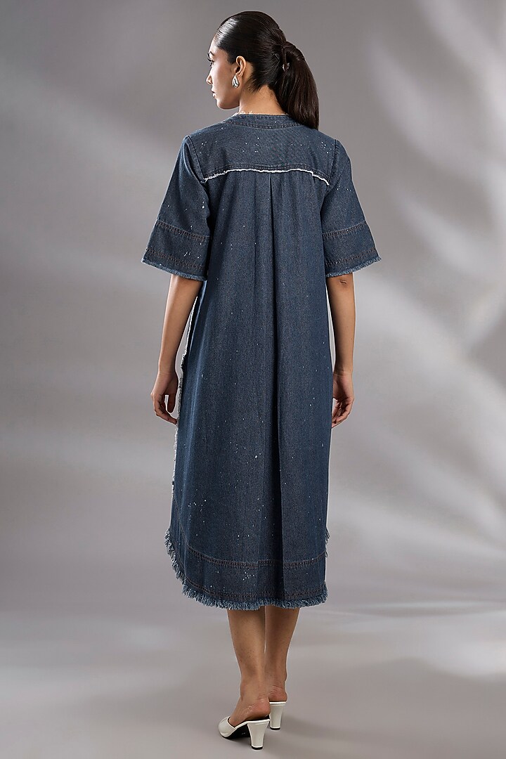 Blue Denim Sequin Embroidered Flared Midi Vacation Dress by GRAINE at Pernia's Pop Up Shop