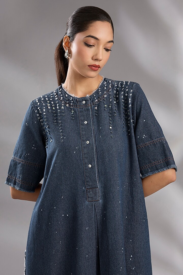 Blue Denim Sequin Embroidered Flared Midi Vacation Dress by GRAINE at Pernia's Pop Up Shop