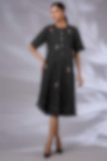 Black Denim Crochet Hand Embroidered Tunic by GRAINE at Pernia's Pop Up Shop