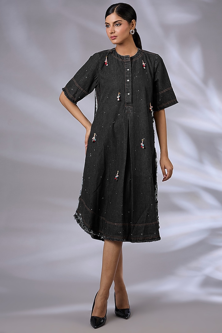 Black Denim Crochet Hand Embroidered Tunic by GRAINE at Pernia's Pop Up Shop