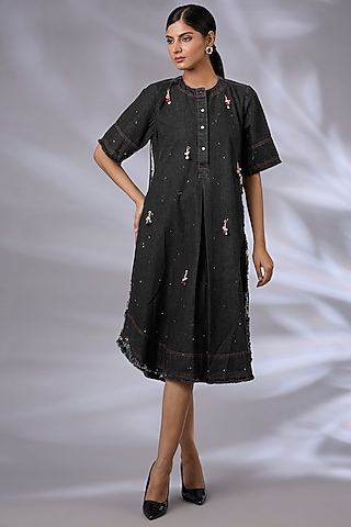 Black Denim Crochet Hand Embroidered Tunic by GRAINE