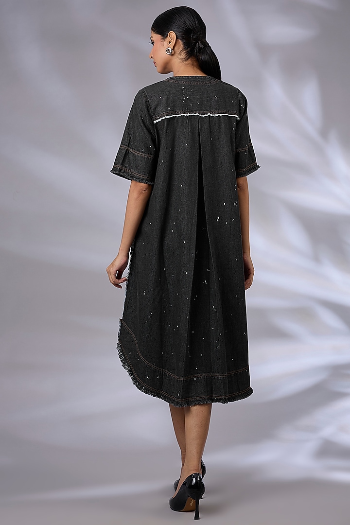 Black Denim Crochet Hand Embroidered Tunic by GRAINE at Pernia's Pop Up Shop