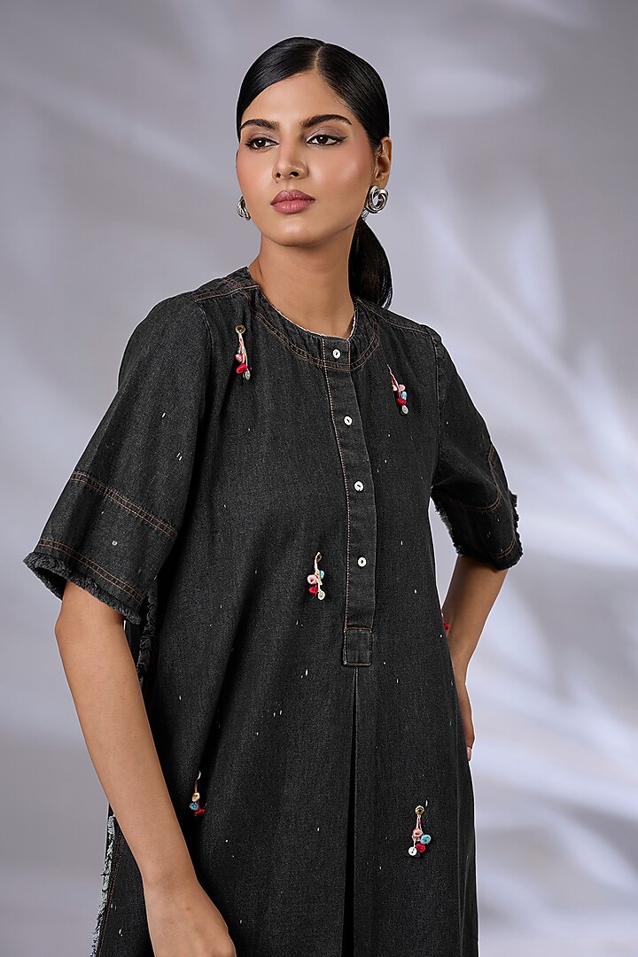 Black Denim Crochet Hand Embroidered Tunic by GRAINE at Pernia's Pop Up Shop