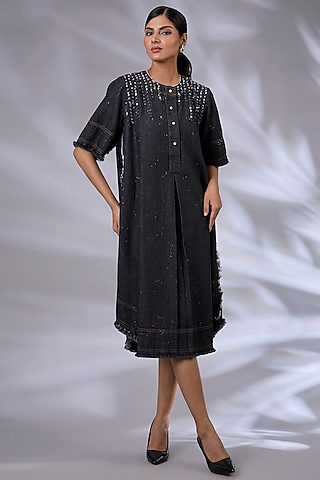 Black Denim Sequins Work Tunic by GRAINE 