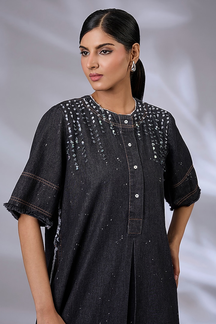Black Denim Sequins Work Tunic by GRAINE at Pernia's Pop Up Shop