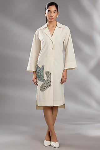 Rice White Cotton Sequin Embroidered Shirt Dress by GRAINE