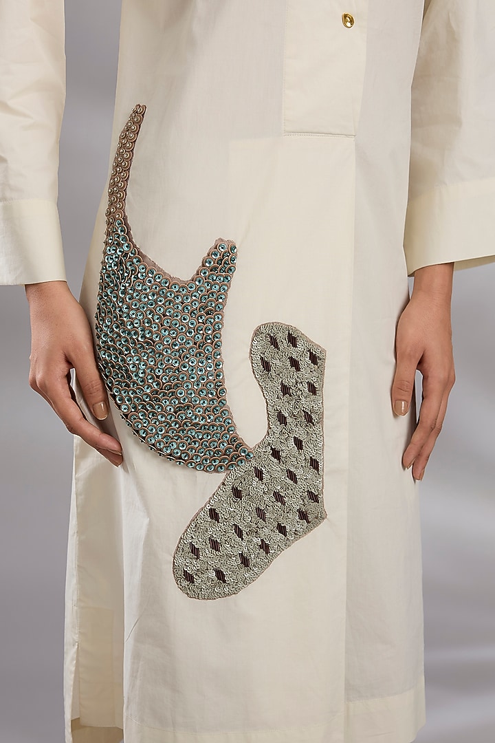 Rice White Cotton Sequin Embroidered Vacation Shirt Dress by GRAINE at Pernia's Pop Up Shop