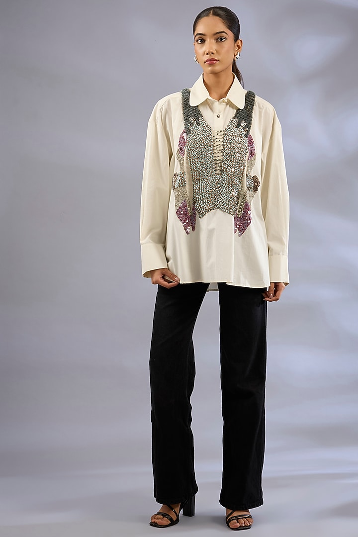 Rice White Cotton Sequins Work Shirt by GRAINE at Pernia's Pop Up Shop