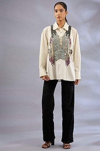 Rice White Cotton Sequins Work Shirt by GRAINE 