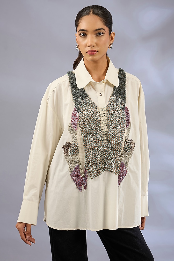 Rice White Cotton Sequins Work Shirt by GRAINE at Pernia's Pop Up Shop