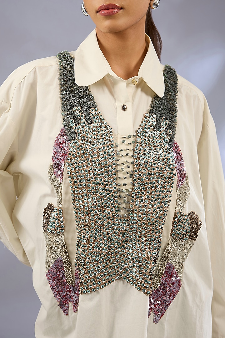 Rice White Cotton Sequins Work Shirt by GRAINE at Pernia's Pop Up Shop