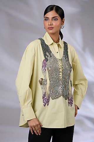 Ice Mint Cotton Prism Metal Shirt by GRAINE