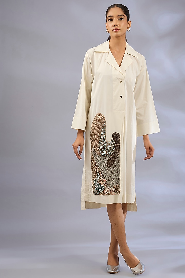 Rice White Cotton Sequins Embroidered Shirt Vacation Dress by GRAINE at Pernia's Pop Up Shop