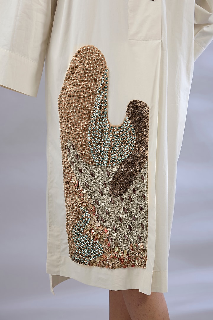 Rice White Cotton Sequins Embroidered Shirt Vacation Dress by GRAINE  at Pernia's Pop Up Shop