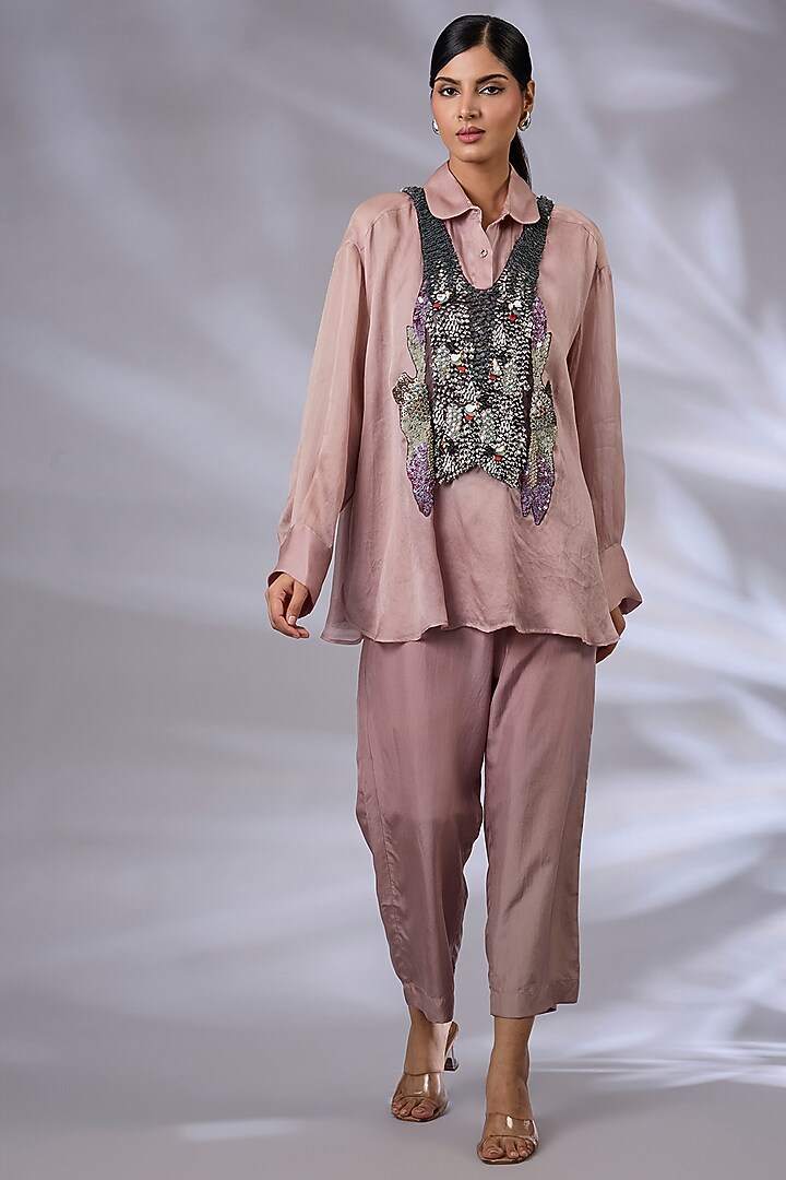 English Rose Silk Organza Sequins Work Co-Ord Set by GRAINE  at Pernia's Pop Up Shop
