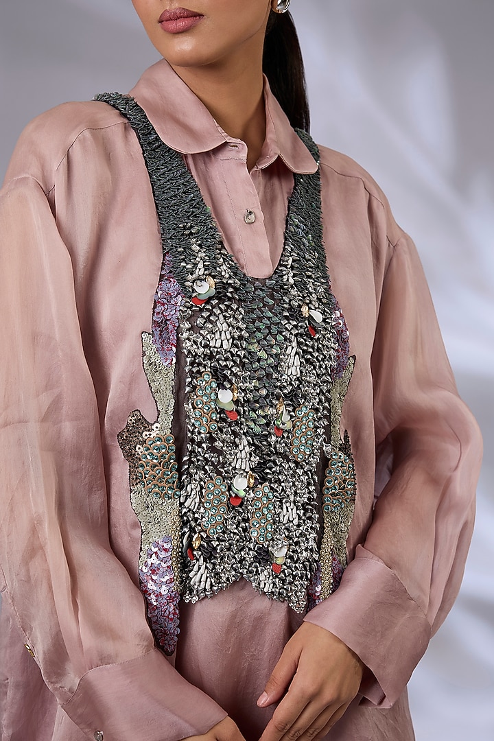 English Rose Silk Organza Sequins Work Co-Ord Set by GRAINE  at Pernia's Pop Up Shop