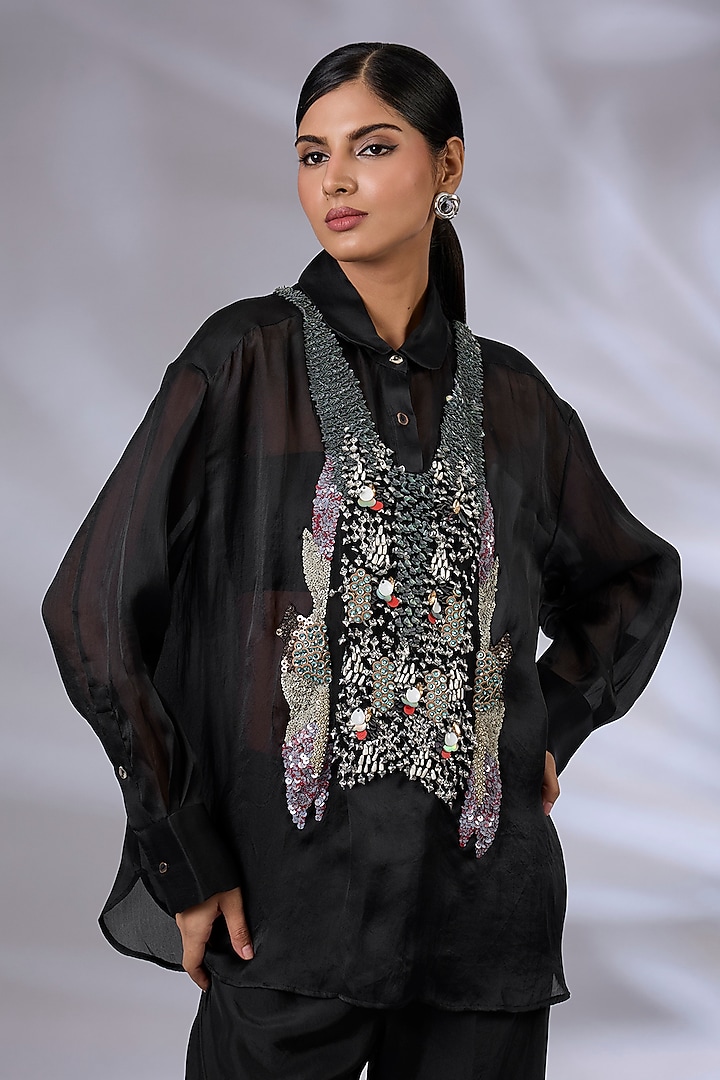 Black Silk Organza Metal Prism Co-Ord Set by GRAINE at Pernia's Pop Up Shop