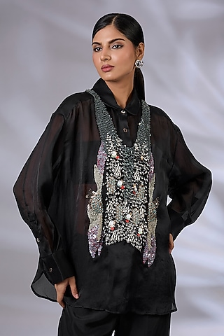 Black Silk Organza Metal Prism Co-Ord Set by GRAINE